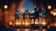 Decorative Arabic lanterns with burning candles shine on the evening mosque background. Festive greeting card, invitation to the Muslim holy month of Ramadan Kareem. copy space - generative ai