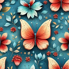 Wall Mural - Teal Background with Orange Floral Butterflies
