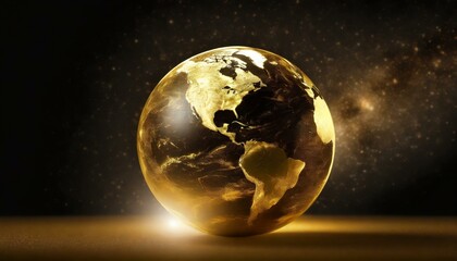 golden earth ball in front of universe, black background