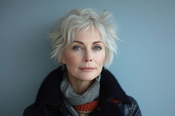 A contemplative senior woman in chic winter fashion, exuding relaxed elegance. Silver hair women on light blue background,  Women´s and Mother´s day