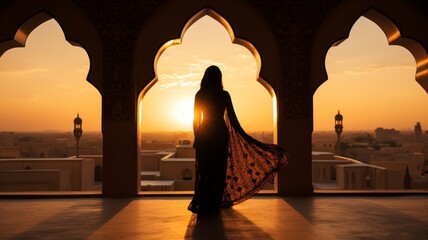 Silhouette of a Persian woman in national dress against the background of traditional Iranian architecture. The sun has set. Iran. Kashan, copy space - generative ai