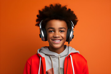 studio portrait of happy black boy wearing headphones isolated on orange background