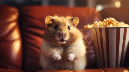 Wall Mural - Hamster watching cinema with pop corn