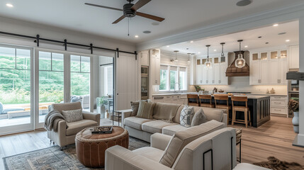 Open concept living area design with neutral furnishings.