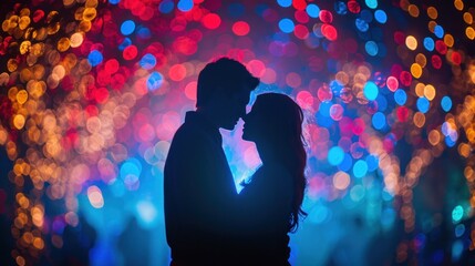 Canvas Print - A couple kissing in front of a colorful light display, AI