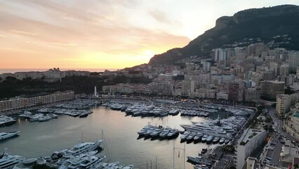 Canvas Print - Montecarlo. Aerial view of Monaco skyline at sunset