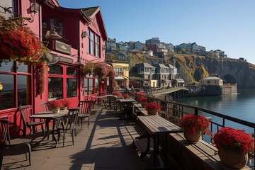 Blurred coastal promenade with cafes, umbrellas, and bicycles   ideal for outdoor dining and leisure