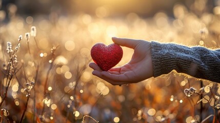 Poster - A person holding a red heart in their hand with the sun shining on it, AI