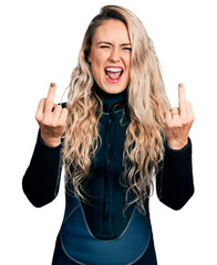 Poster - Young blonde woman wearing diver neoprene uniform showing middle finger doing fuck you bad expression, provocation and rude attitude. screaming excited