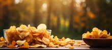 Delicious Potato Chips On Blurred Background With Text Space For Branding Opportunities