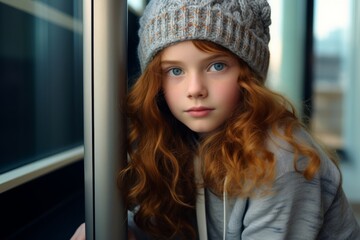 Portrait of a beautiful red-haired girl in a gray hat.