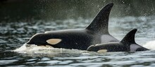 Orca Mother And Baby Playing In The Water.