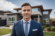 © EliteLensCraftImages - House owner, real estate agent in front of home for sale. Housing estates in the project, buying and selling housing estates. Real estate trading ideas and bank loans for buying and selling houses.
