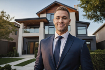 Smiling realtor standing outside modern house