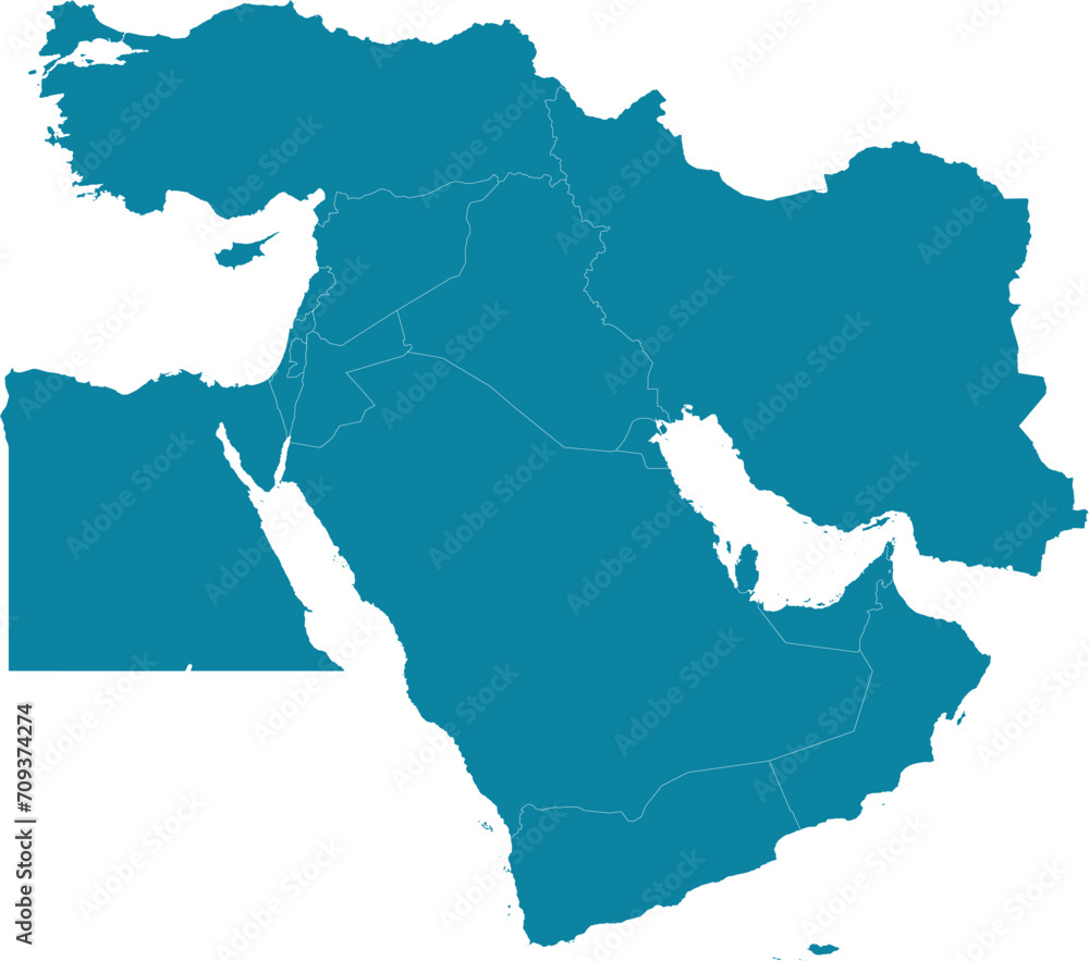 Blue detailed CMYK blank political map of the MIDDLE EAST with white