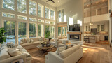 Fototapeta  - Spacious living room with fireplace interior with white furnishings and large tall windows.