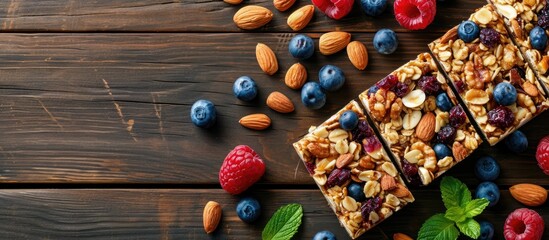 Wall Mural - Almond and fruit energy bars on wooden table, top view, copy space.