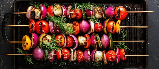 Canvas Print - Vegetable skewers with tomatoes, radishes, peppers, onions, and dill on a grill pan.