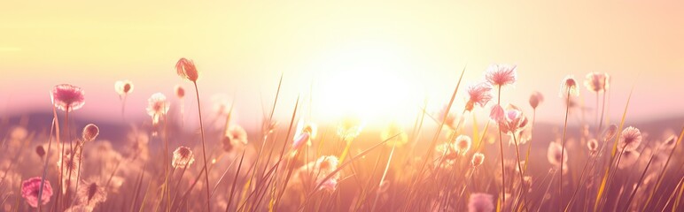 Soft focus of grass flowers with sunset light, peaceful and relax natural beauty, spring Easter wild flowers background concept