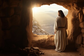 Wall Mural - Resurrection moment: jesus christ's rebirth, the unveiling of the tomb in the sacred cave, a divine narrative of hope, faith, and spiritual awakening in Christian tradition Easter