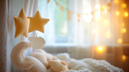 Poster - A bed with a white comforter and pillows decorated in yellow, AI