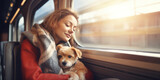 Fototapeta  - Young woman is traveling by train with her dog. Travel with pets concept