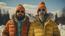 Eccentric And Quirky Friends  Dressed N Warm Winter Clothes - Cold - Freezing - Snow - Offbeat Style - Offbeat Fashion - Meticulously Centered - Extreme Blue Skies- Retro Vintage Style 