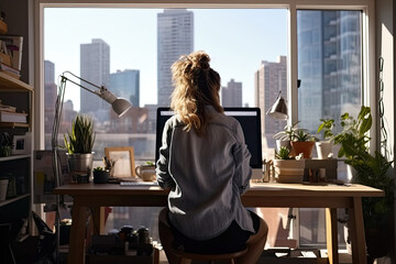 A woman sits at a desk looking at a computer screen