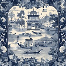 There S A Blue And White Pattern With A Sian Village, In The Style Of Victorian Engravings, Vividly Bold Designs, Dye-transfer, Chinapunk, Lithograph, Animated Mosaics, Cottagecore