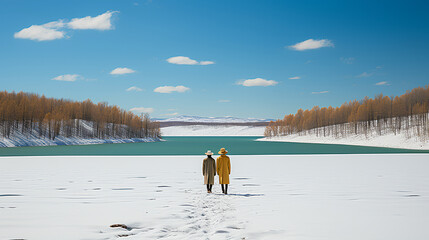 Wall Mural - Wide angle shot - two men in the snow at the lake - winter - cold