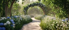 Summer Blooming Garden With White And Blue Flowers, Wooden Archway, And Curvy Pathway.