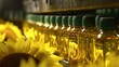 Conveyor belt with bottles of sunflower oil on blurred background