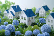 紫陽花と街並み（青い屋根）
