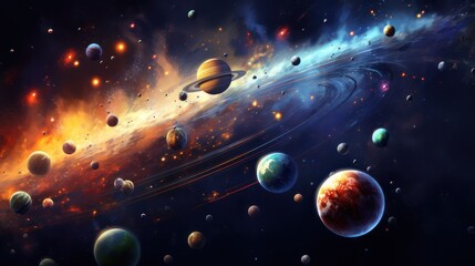 illustration of the solar system, planetary orbits in the milky way galaxy. planet saturn jupiter. n