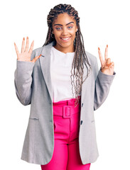 Wall Mural - Young african american woman with braids wearing business clothes showing and pointing up with fingers number eight while smiling confident and happy.