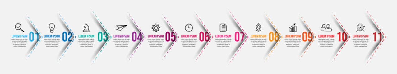 business infographic 11 parts or steps, there are icons, text, numbers. Can be used for presentation banners, workflow layouts, process diagrams, flow charts, infographics, your business presentations