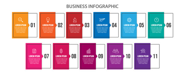 business infographic 11 parts or steps, there are icons, text, numbers. Can be used for presentation banners, workflow layouts, process diagrams, flow charts, infographics, your business presentations