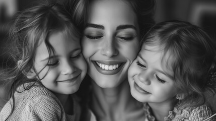 Wall Mural - Happy mom with two kids hugging her cheek to cheek in black and white.