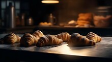 Freshly Baked Croissants On The Table. Patisserie S Interior In The Background, Cinematic, Volumetric Lighting, Sharp, On Focus,