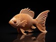 Orange 3d printed fish figurine on a table with black background and reflection, goldfish studio shot