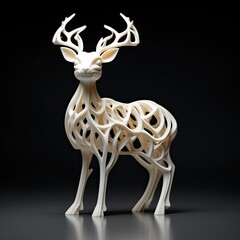 Wall Mural - White 3d printed plastic deer figurine on a table with black background, studio shot