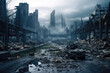 Post-apocalyptic cityscape with deserted streets and dilapidated buildings under a gloomy sky.