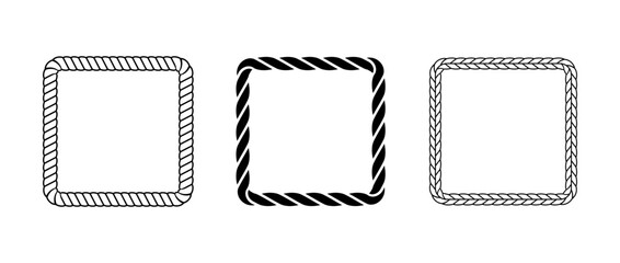 Rope frame set. Squared cord border collection. Rectangular rope loop pack. Chain, braid or plait border bundle. Square design elements for decoration, banner, poster. Vector decoration frames
