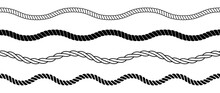 Wave Rope Set. Repeating Hemp Cord Line Collection. Waving Chain, Braid, Plait Stripe Bundle. Seamless Decorative Plait Pattern. Vector Marine Twine Design Elements For Banner, Poster, Frame