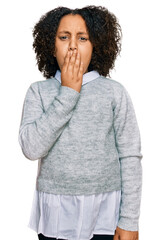 Wall Mural - Young little girl with afro hair wearing casual clothes bored yawning tired covering mouth with hand. restless and sleepiness.