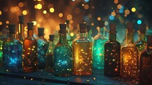 A Row Of Bottles With Different Colored Lights In Them