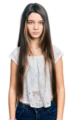 Sticker - Young brunette girl with long hair wearing white shirt depressed and worry for distress, crying angry and afraid. sad expression.