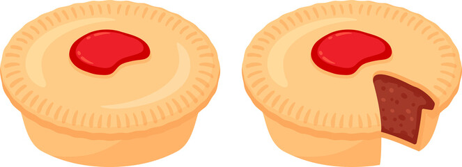Sticker - Cartoon Australian meat pie drawing. Traditional pie with beef mince filling, whole and cut. Isolated clip art illustration.