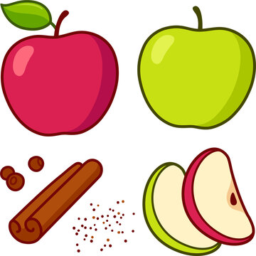Apple pie ingredients set. Green and red sliced apples, cinnamon stick and spices. Isolated cartoon illustration.