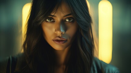 Photorealistic Adult Indian Woman with Brown Straight Hair Futuristic Illustration. Portrait of a person in cyberpunk style. Cyberspace Ai Generated Horizontal Illustration.